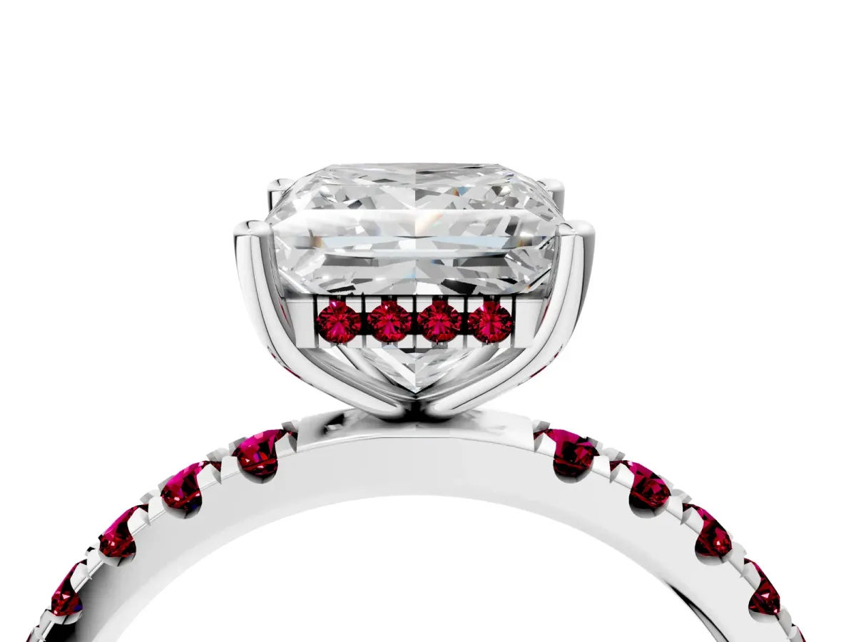Princess Cut Diamond Pave Band Solitaire Ring with Round Garnet and Prong Setting Silver