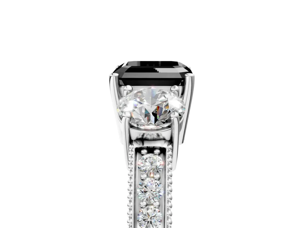 Fancy Black Asscher Cut Three-Stone Diamond Ring with Pavé Band and Four-Prong Setting Platinum