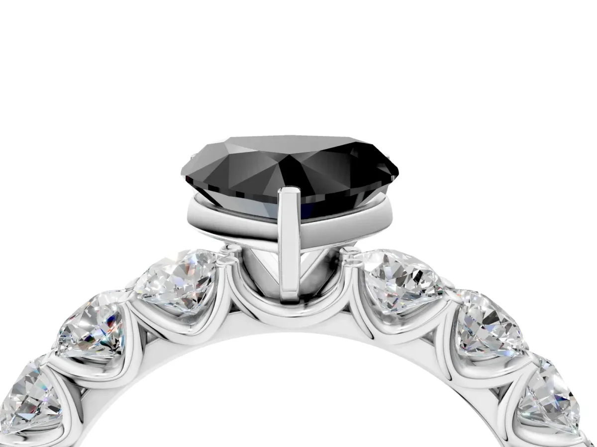 Fancy Black Heart Cut Diamond Prong Setting with Side Stones on a Pave Band Silver