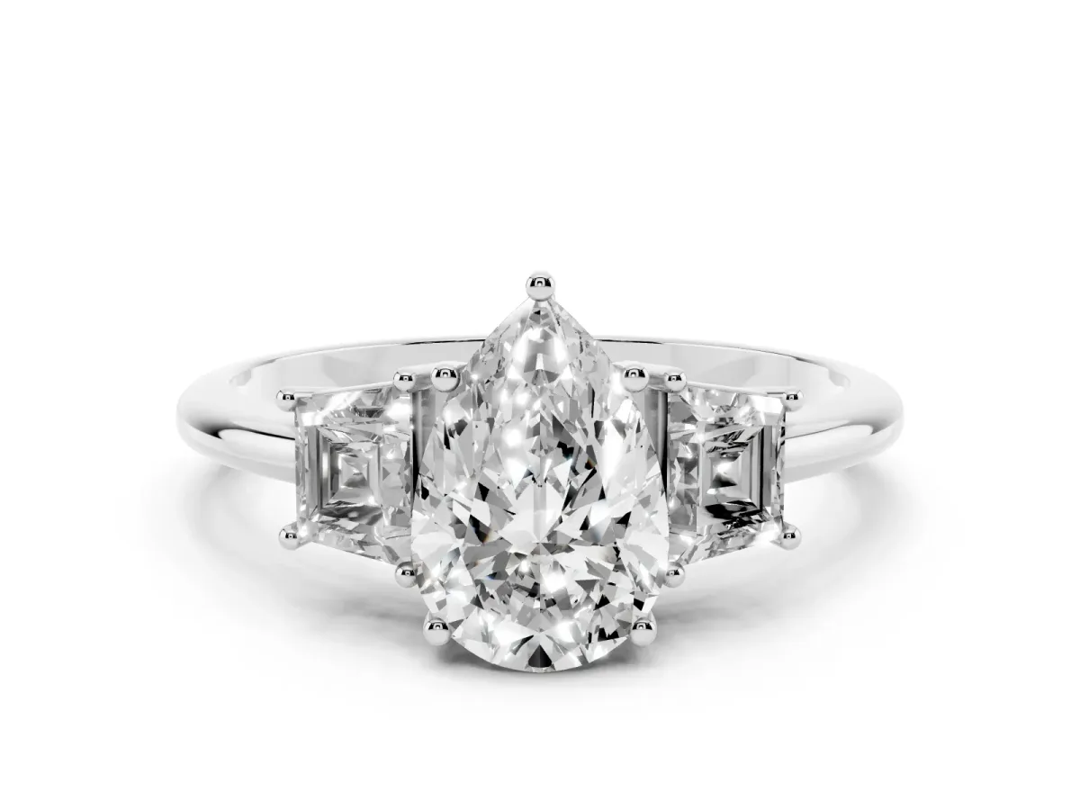 Pear Cut Diamond Three-Stone Ring with Trapezoid Side Stones and Prong Setting Platinum