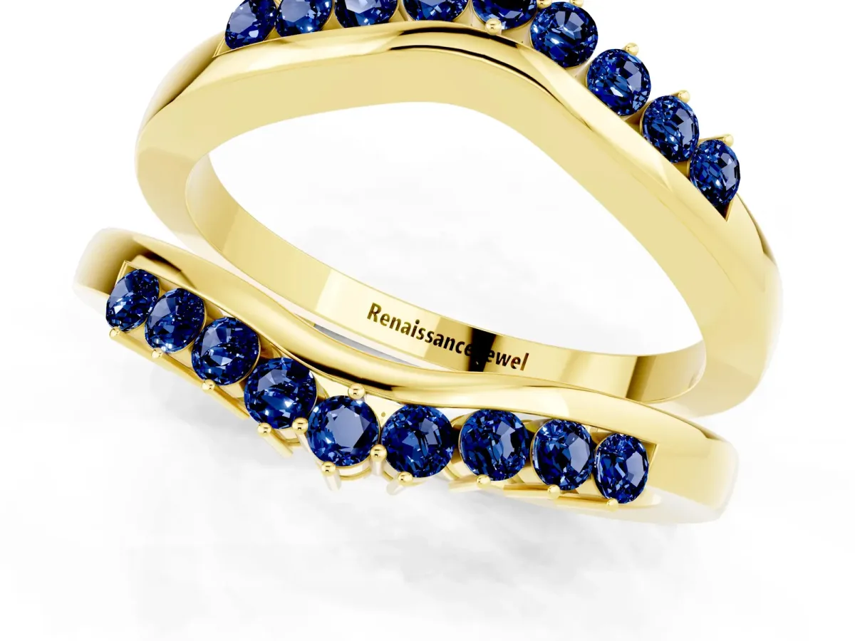 Round Blue Sapphire Chevron Contour Band with Prong Setting Yellow gold
