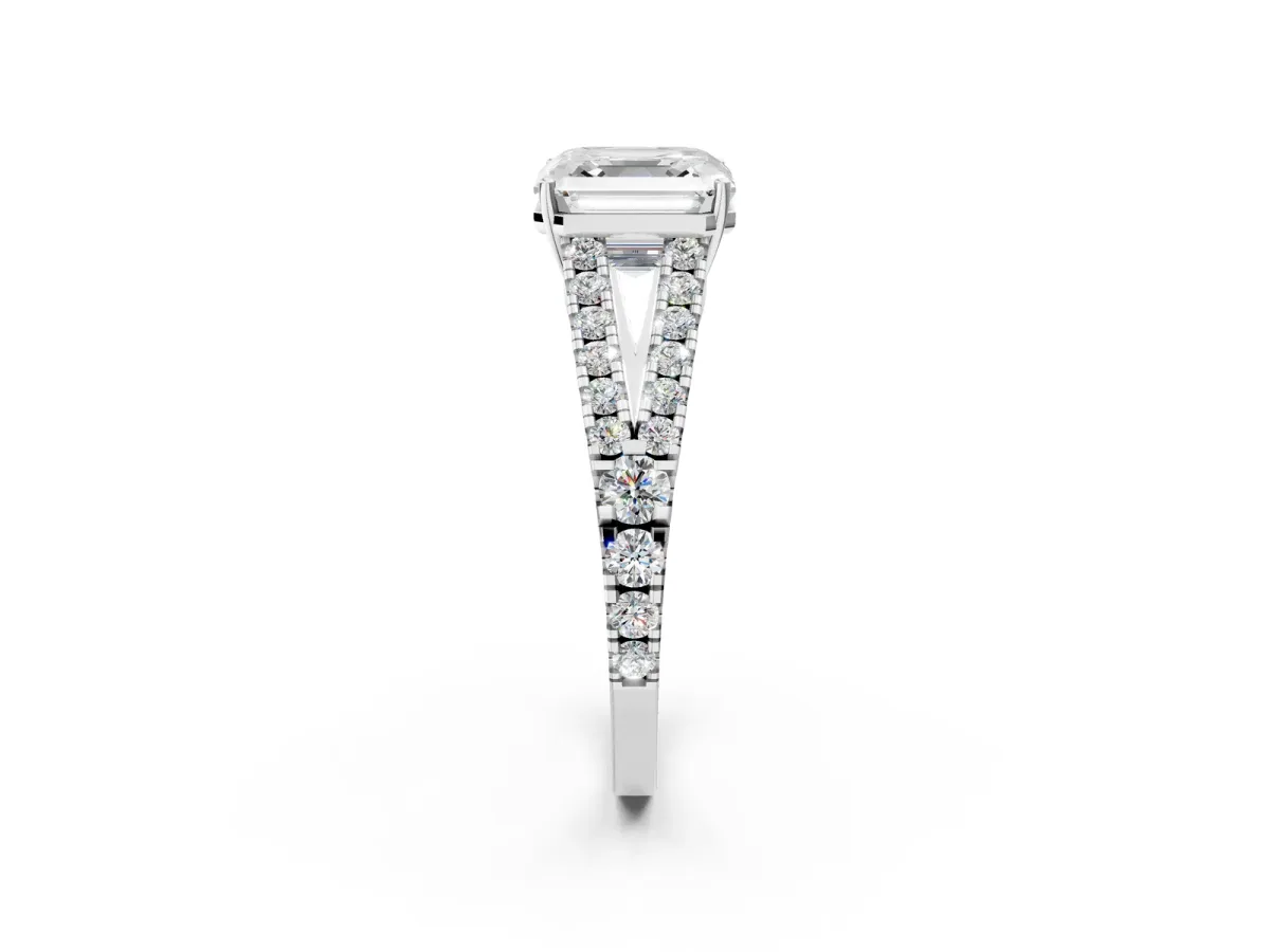 Asscher Cut Diamond Split Shank Engagement Ring with Round Pavé and Prong Setting Platinum