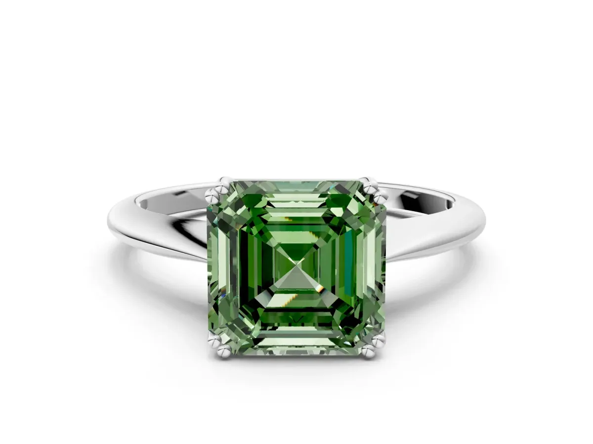 Fancy Green Asscher Cut Solitaire Diamond Ring with Six-Prong Setting and Classic Band Platinum