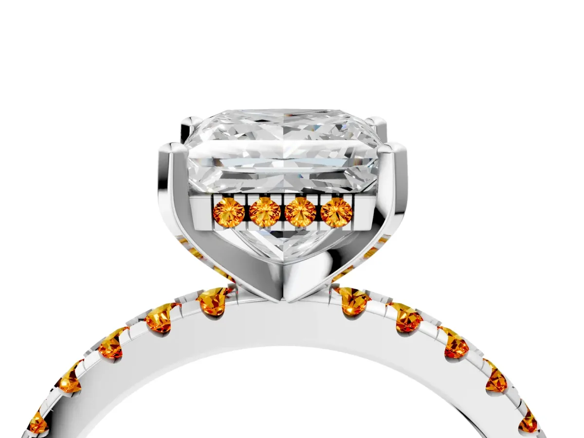 Princess Cut Diamond Solitaire Ring with Round Citrine Pavé Band and Four-Prong Setting Silver