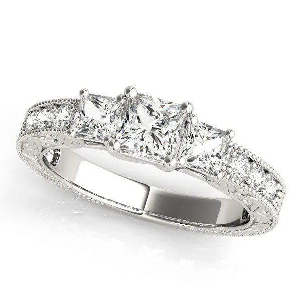 Three-Stone Asscher Cut Cut Milgrain Pavé Engagement Ring Platinum