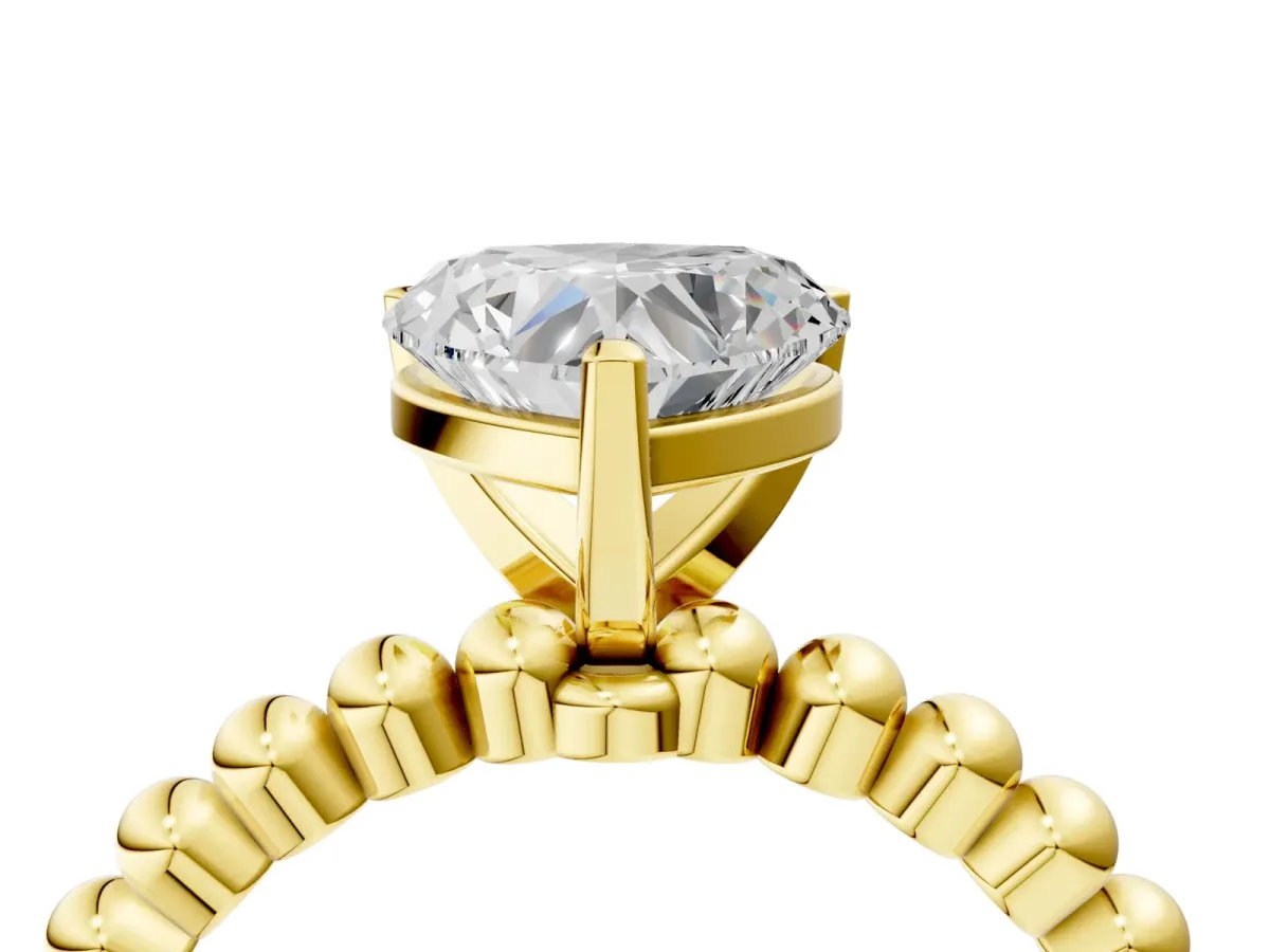 Heart Cut Diamond Solitaire Ring with Beaded Band and Prong Setting Yellow gold