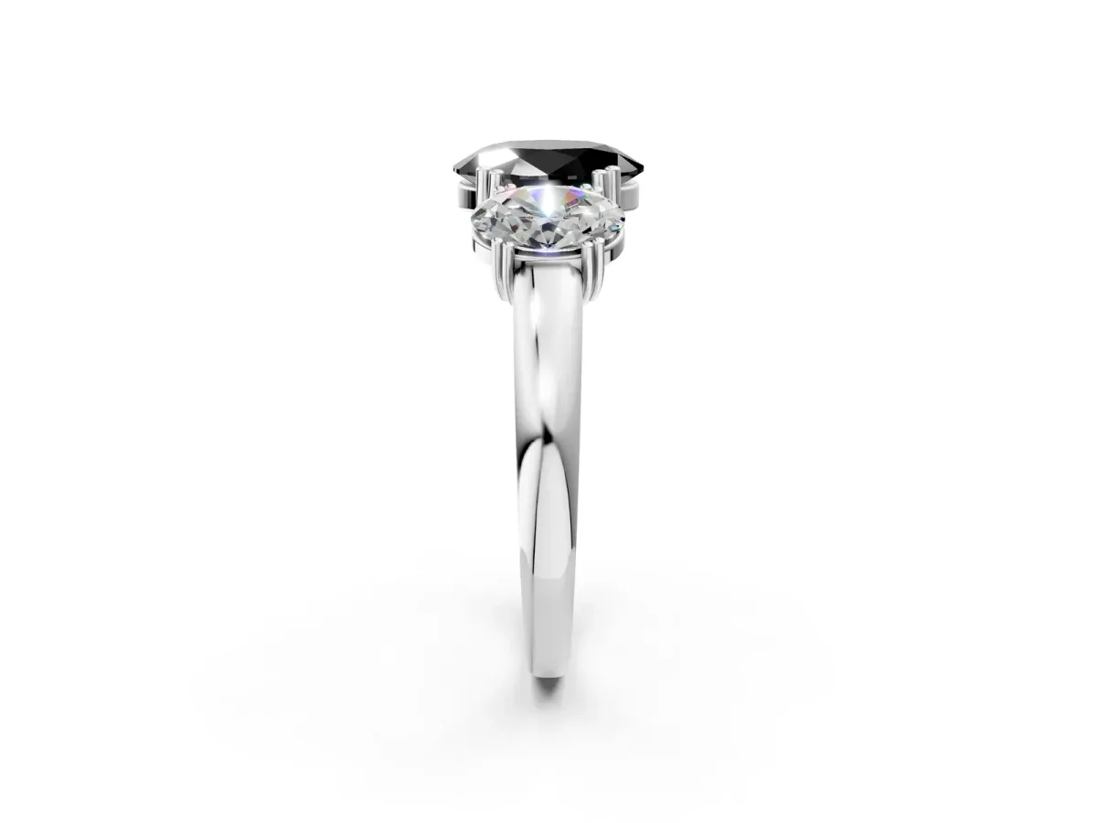 Fancy Black Three-Stone Oval Cut Cut Diamond Ring with Channel Set Band and Four-Prong Setting Silver