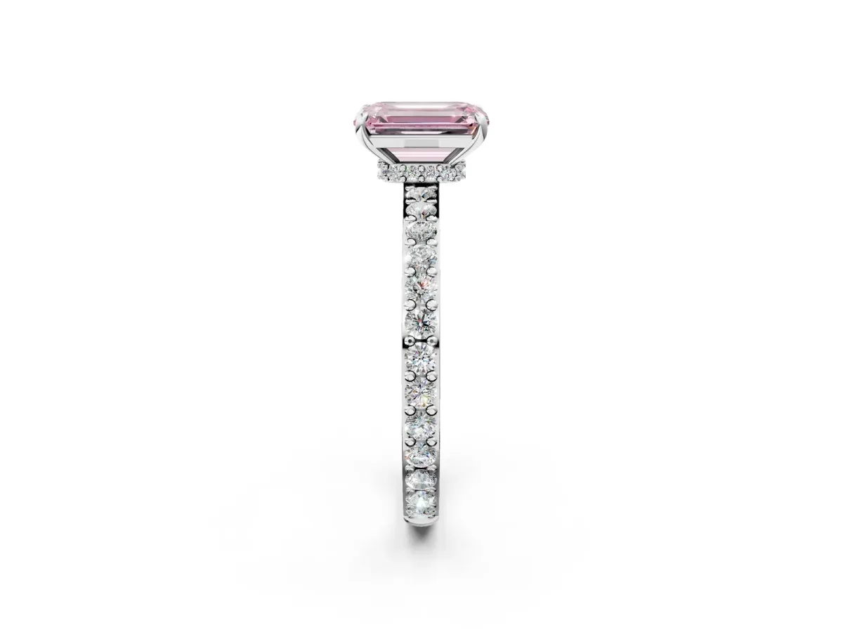 Fancy Pink Emerald Cut Diamond Solitaire Engagement Ring with Pavé Band and Four-Prong Setting Silver