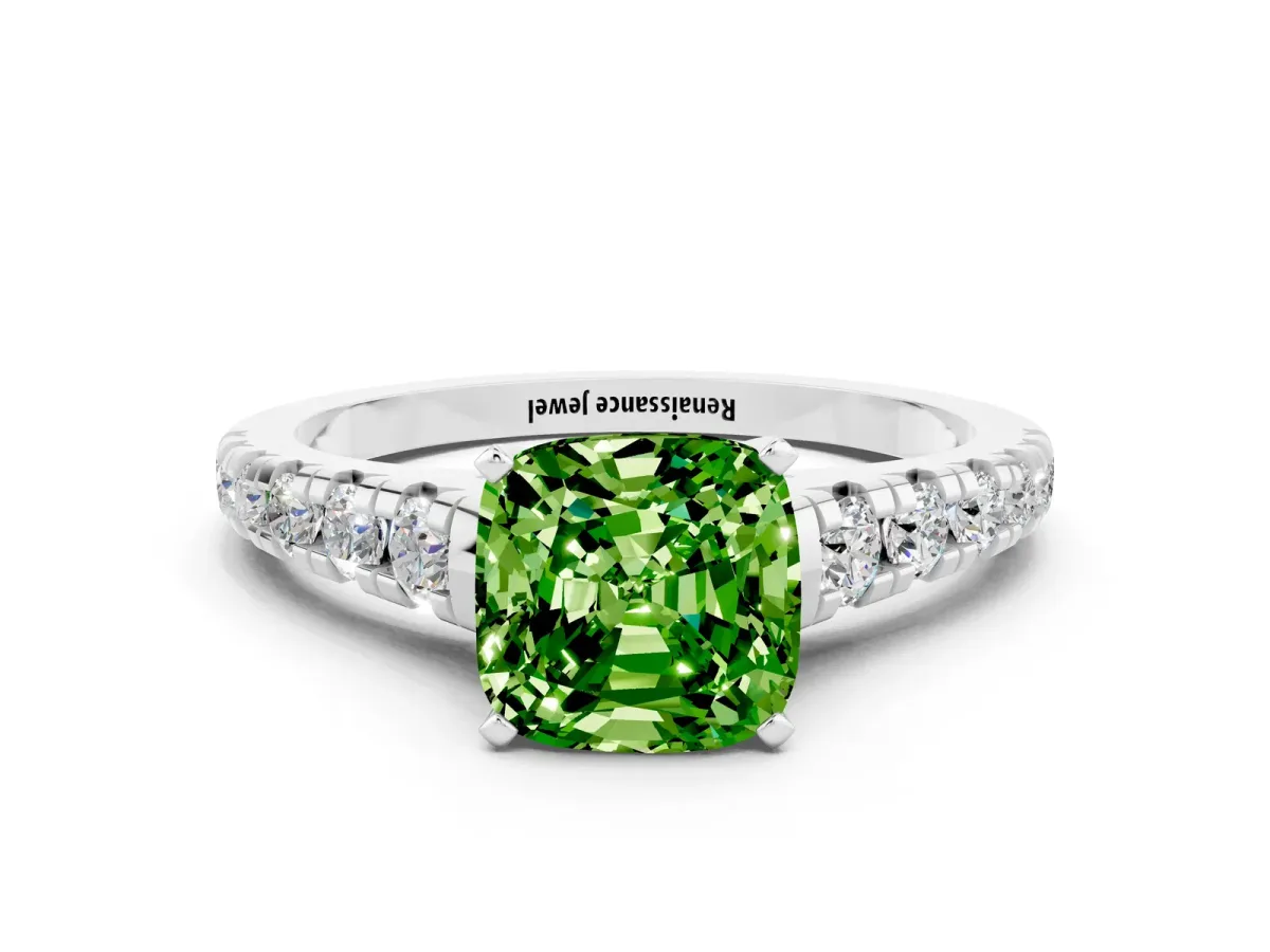 Cushion Cut Peridot Cathedral Solitaire Ring with Round Pavé Band Platinum
