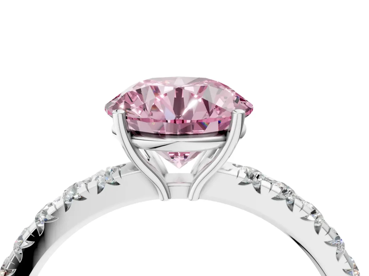 Fancy Pink Round Cut Diamond Pavé Solitaire Engagement Ring with Four-Prong Setting Silver