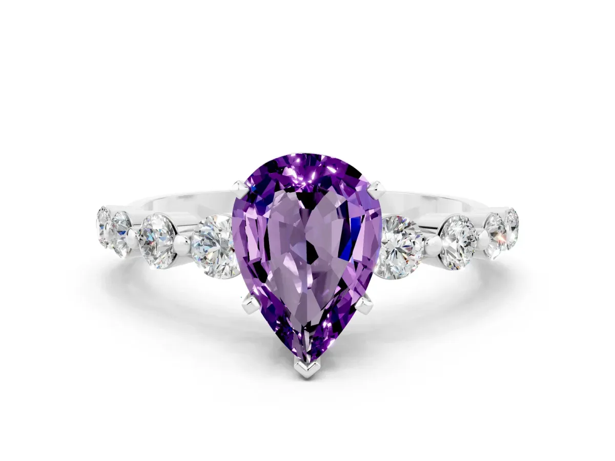 Pear Cut Solitaire Amethyst Ring with Pave Band and Four-Prong Setting Silver