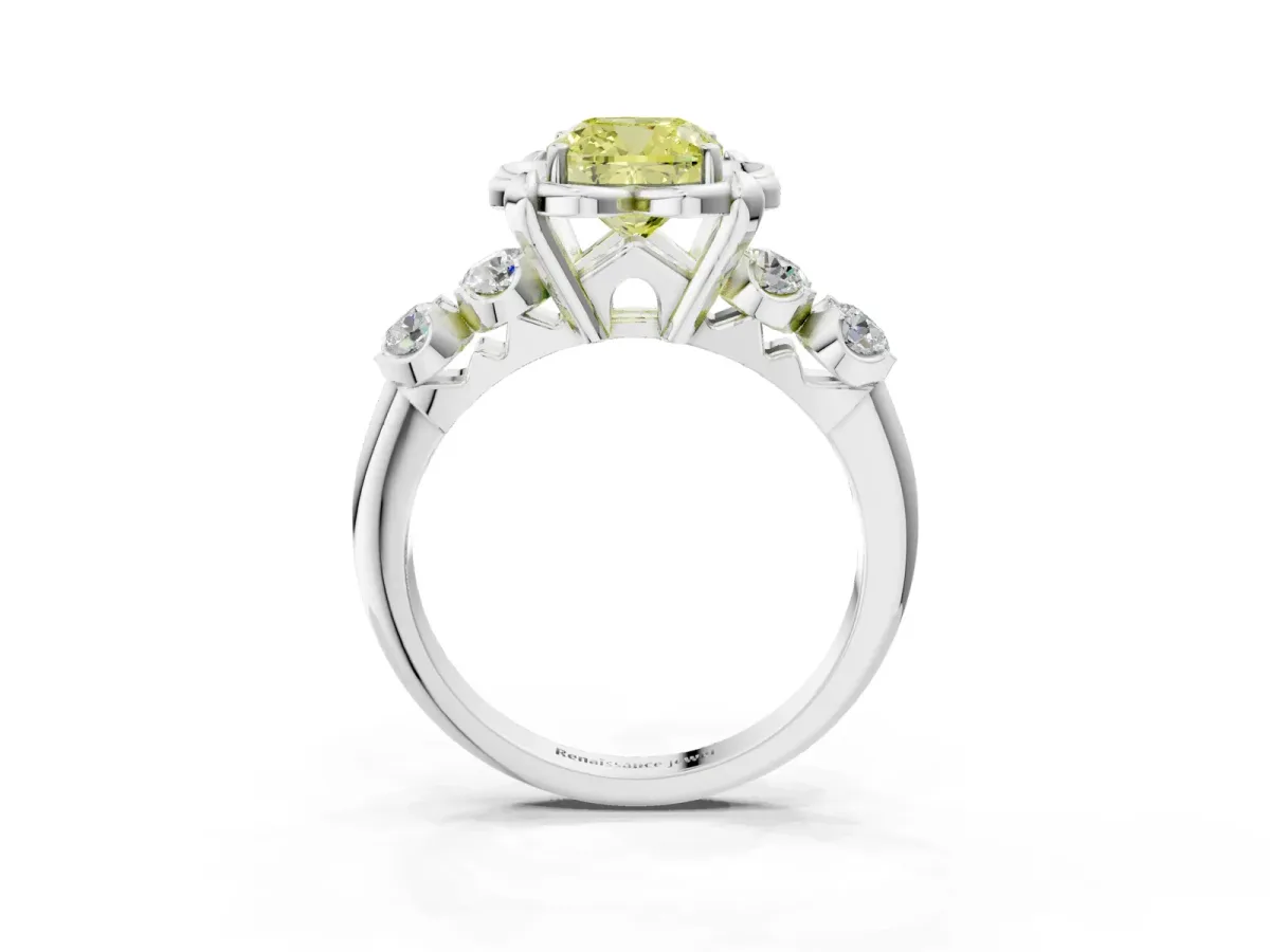 Fancy Yellow Cushion Cut Cut Diamond Floral Halo Engagement Ring with Shared Prong Setting Silver