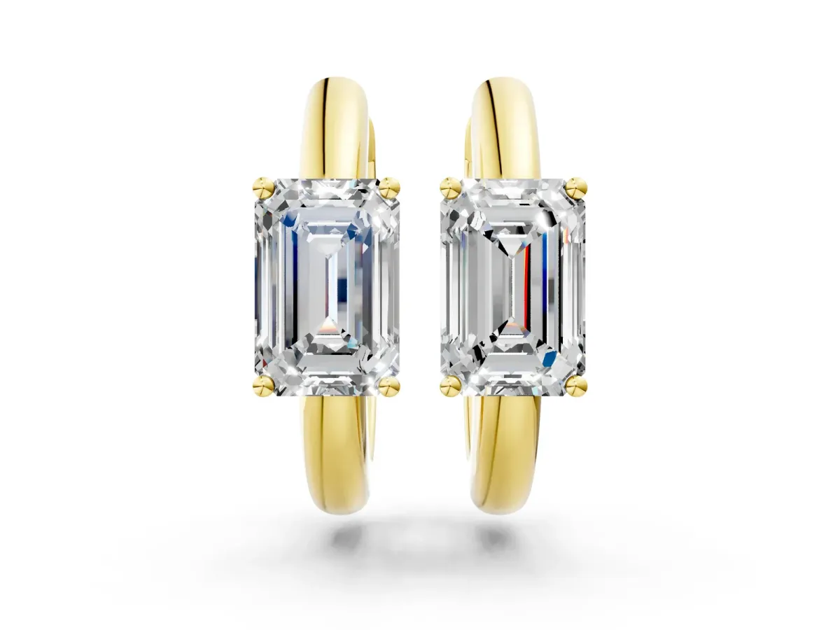 Emerald Diamond Solitaire Huggie Hoop Earrings Yellow gold