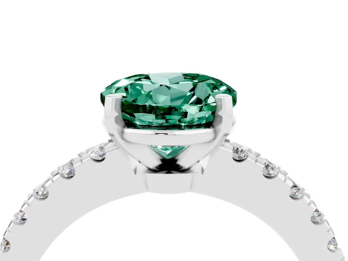 Round Cut Solitaire Green Sapphire with Pavé Band and Four-Prong Setting Silver
