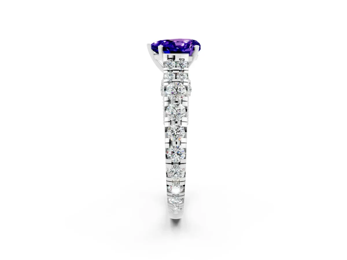 Heart Cut Tanzanite Classic Solitaire Ring with Pavé Band and Four-Prong Setting Silver