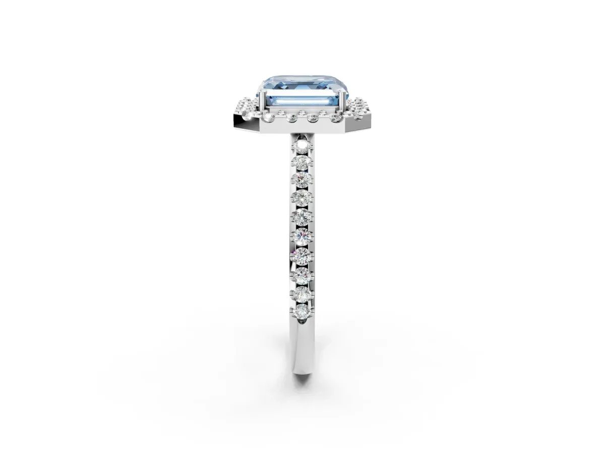 Fancy Blue Asscher Cut Diamond Pavé Halo Ring with Four-Prong Setting Platinum