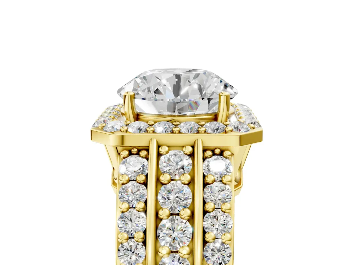 Round Cut Halo Diamond Ring with Round Split Shank and Prong Setting Yellow gold