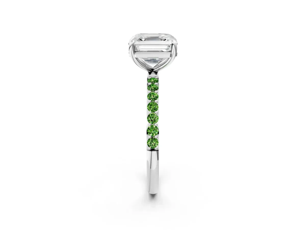 Asscher Cut Diamond Solitaire Ring with Round Peridot Pavé Band and Prong Setting Silver