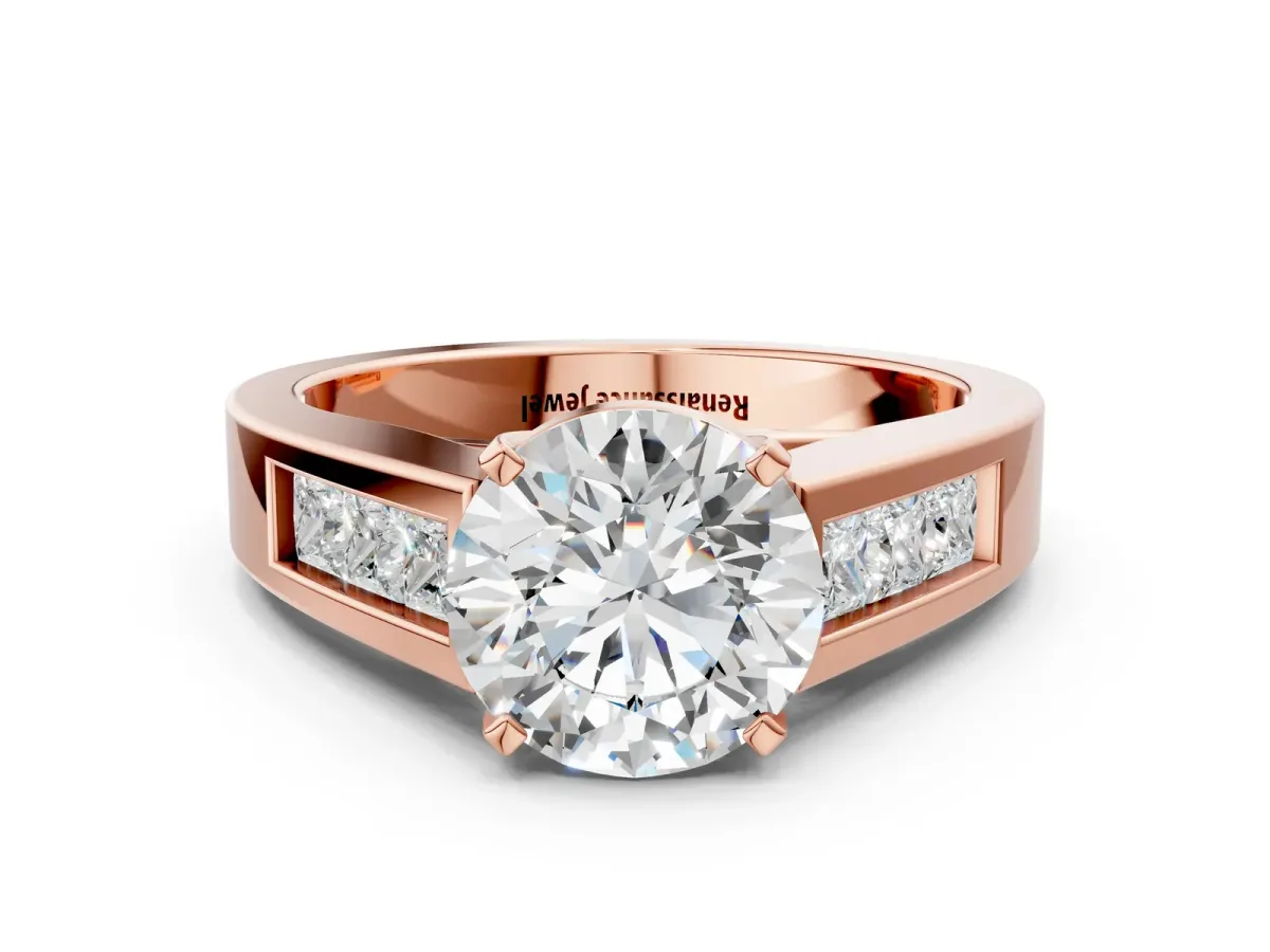 Round Cut Cut Channel Set Solitaire Ring with Four-Prong Setting Rose gold