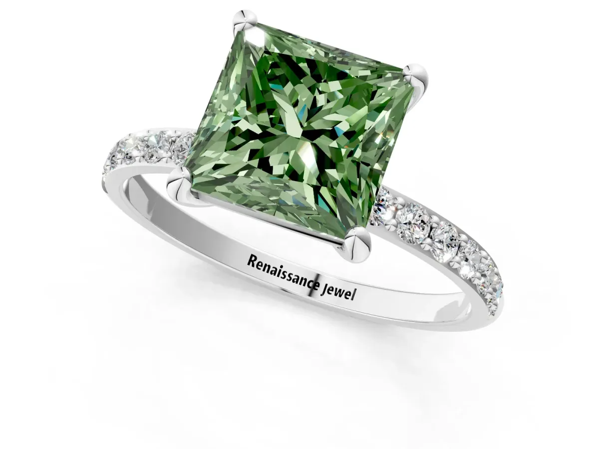 Fancy Green Princess Cut Diamond Solitaire Ring with Round Pavé Band and Prong Setting Silver