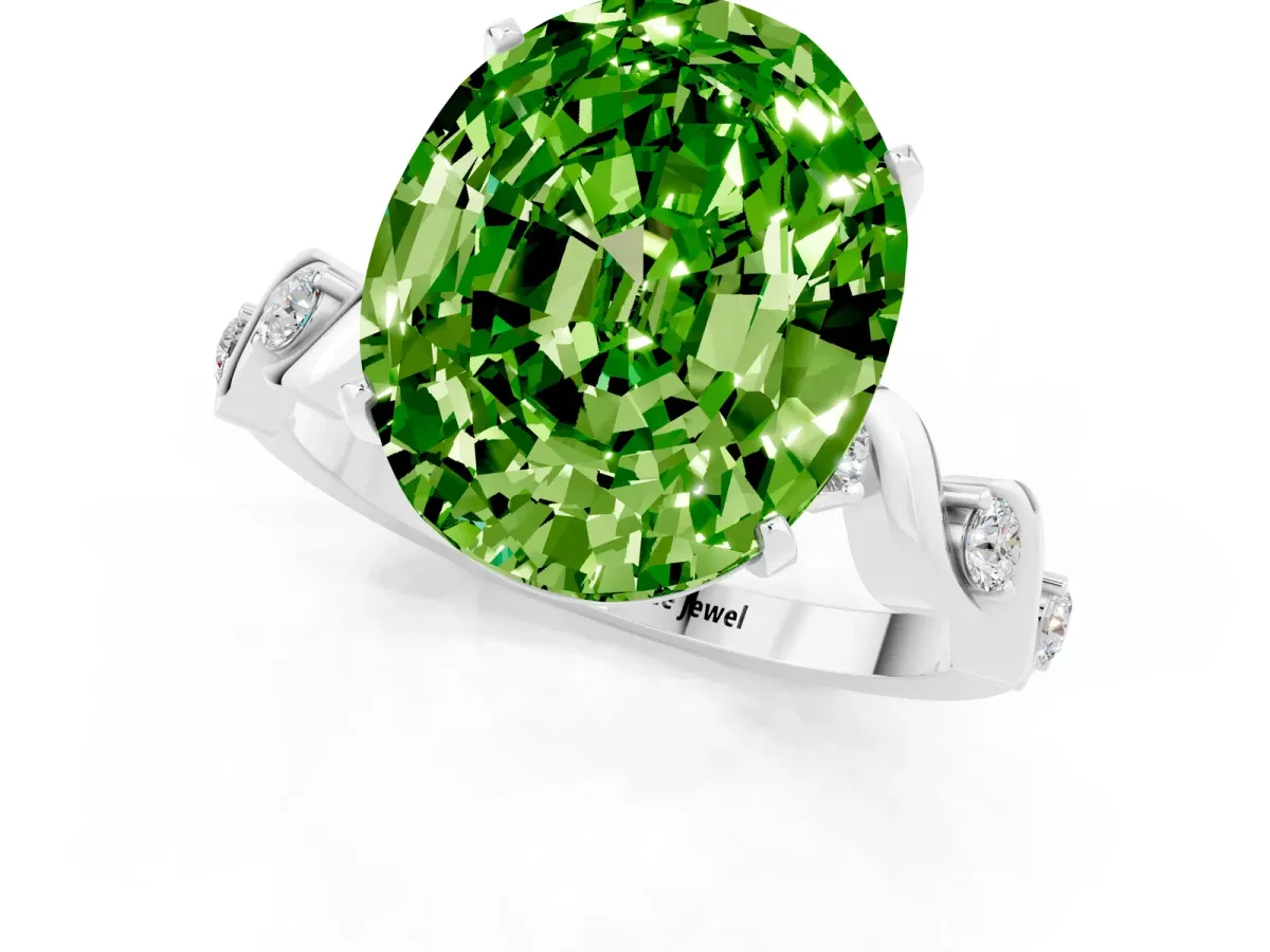 Oval Cut Peridot Solitaire Twisted Band with Round Accents and Prong Setting Silver