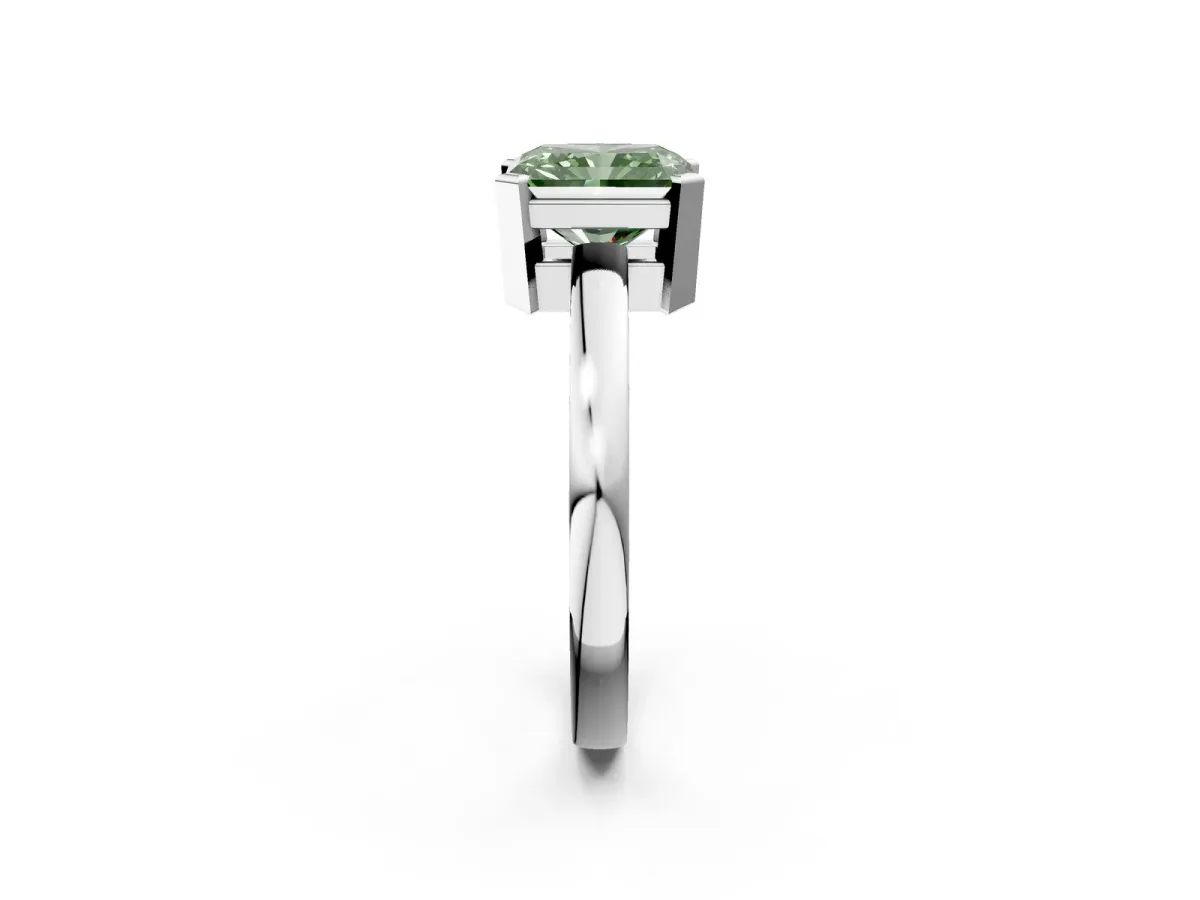 Fancy Green Radiant Cut Cut Solitaire Ring with Four-Prong Setting and Classic Band Platinum