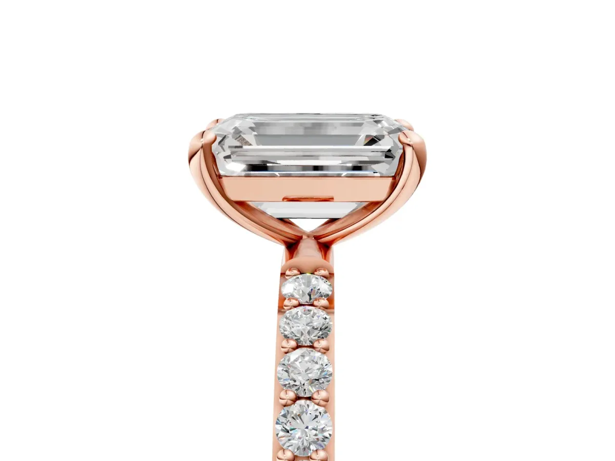 Emerald Cut Diamond Solitaire Ring with Round Pavé Band and Prong Setting Rose gold