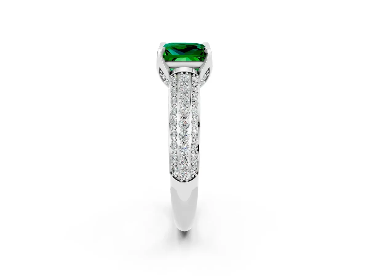 Princess Cut Emerald Solitaire Ring with Three-Row Pavé Band and Four-Prong Setting Platinum