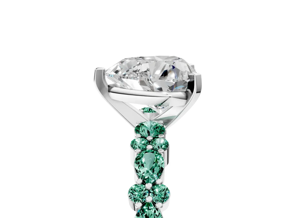 Heart Cut Diamond Side Stone Solitaire Ring with Round Green Sapphire and Four-Prong Setting Silver