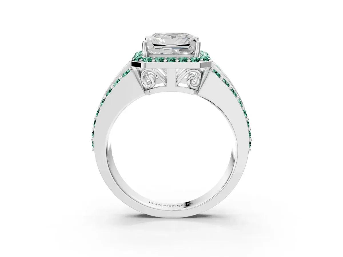 Princess Cut Halo Diamond Ring with Round Green Sapphire Split Shank and Prong Setting Silver