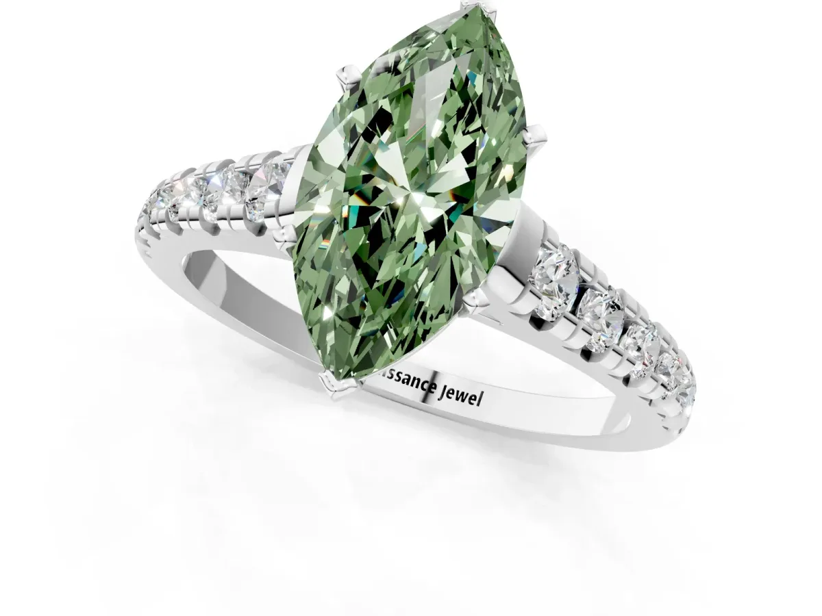 Fancy Green Marquise Cut Diamond Cathedral Solitaire Ring with Round Pavé Band Silver