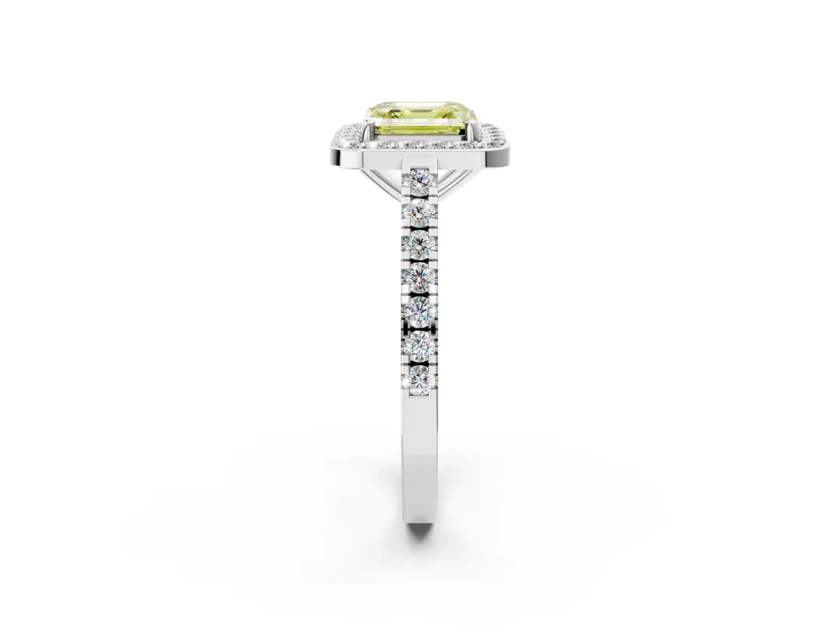 Fancy Yellow Asscher Cut Diamond Halo Ring with Round Pavé Split Shank and Prong Setting Platinum