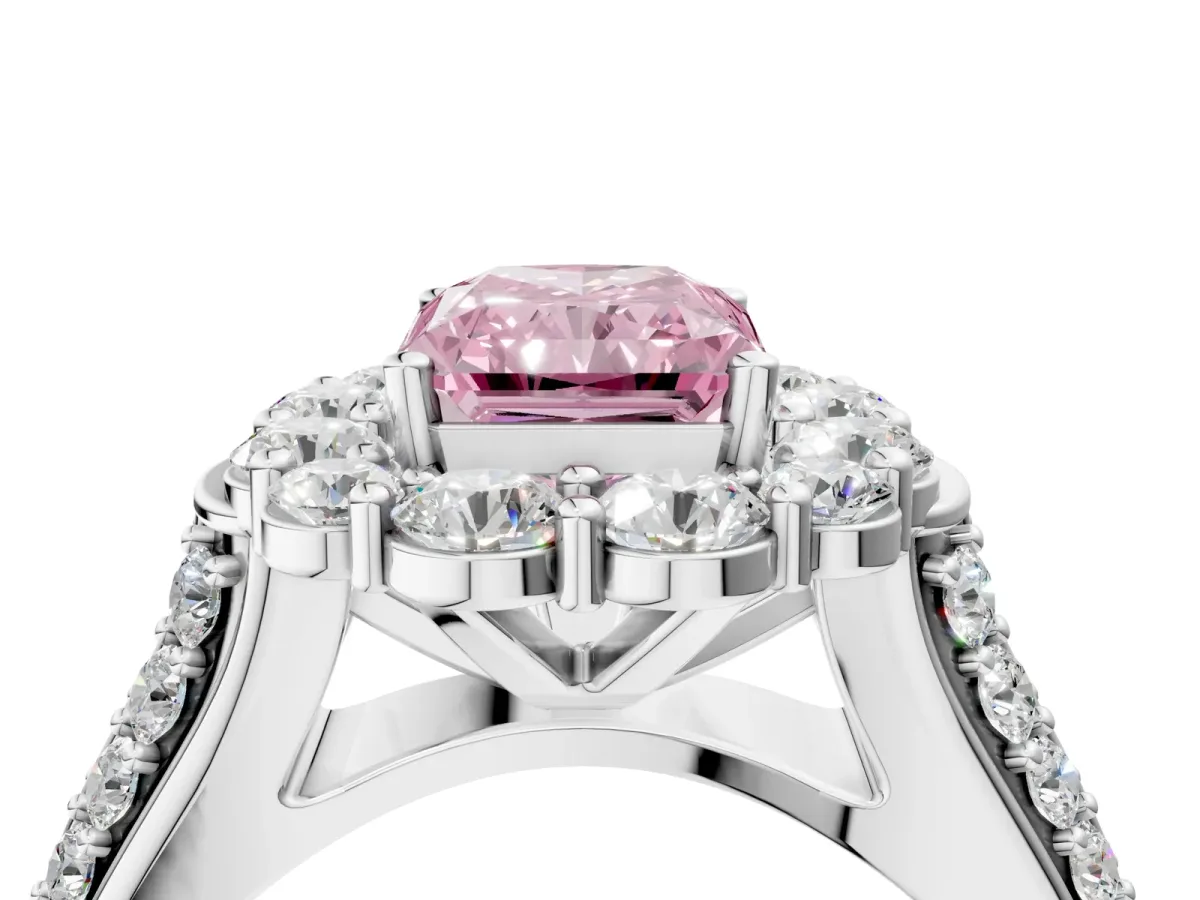 Fancy Pink Radiant Cut Halo Diamond Engagement Ring with Split Shank and Prong Setting Platinum
