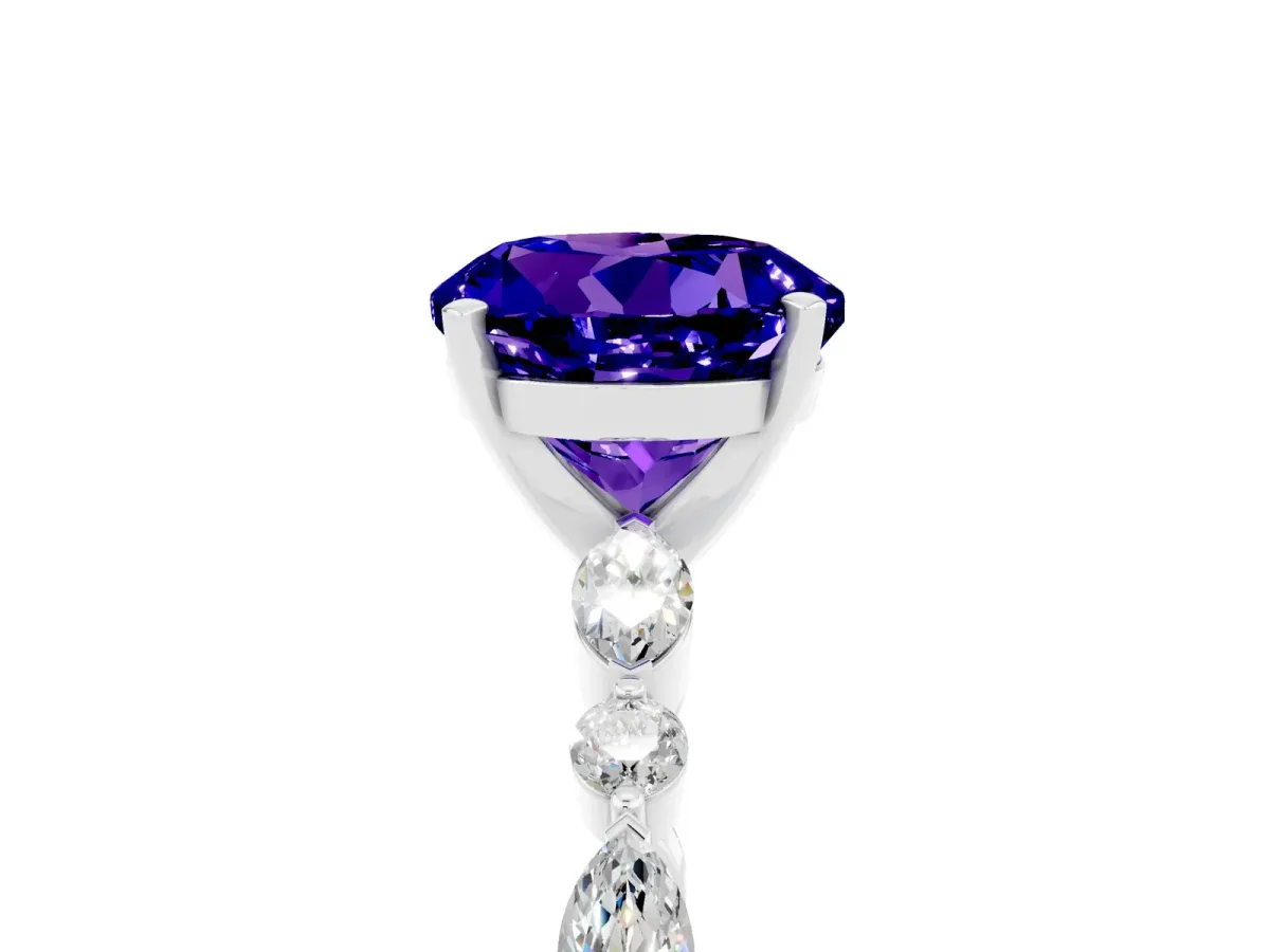 Round Cut Tanzanite Ring with Marquise and Round Side Stones and Four-Prong Setting Silver