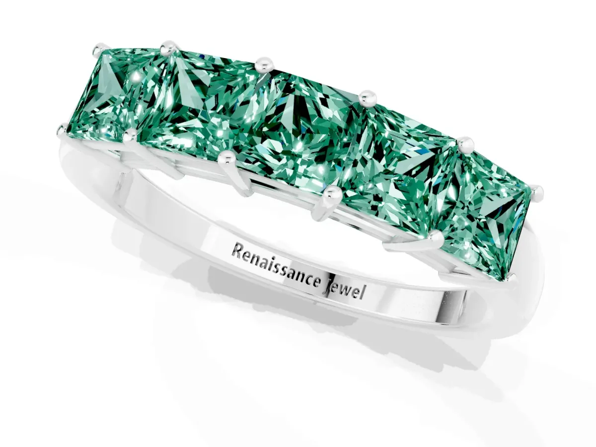Princess Cut Five-Stone Green Sapphire Band with Prong Setting Platinum