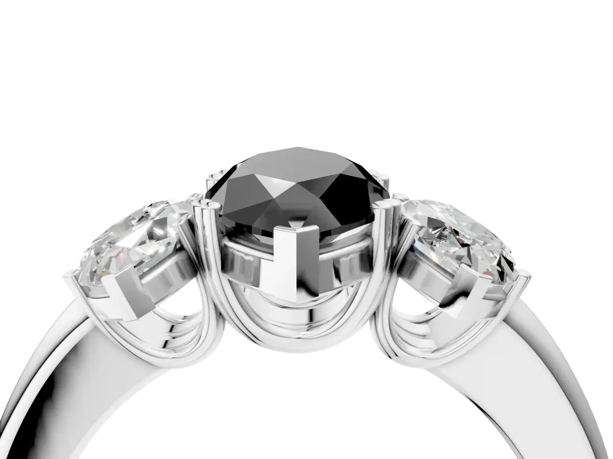 Fancy Black Three-Stone Marquise Cut Cut Diamond Ring with Channel Set Band and Four-Prong Setting Silver