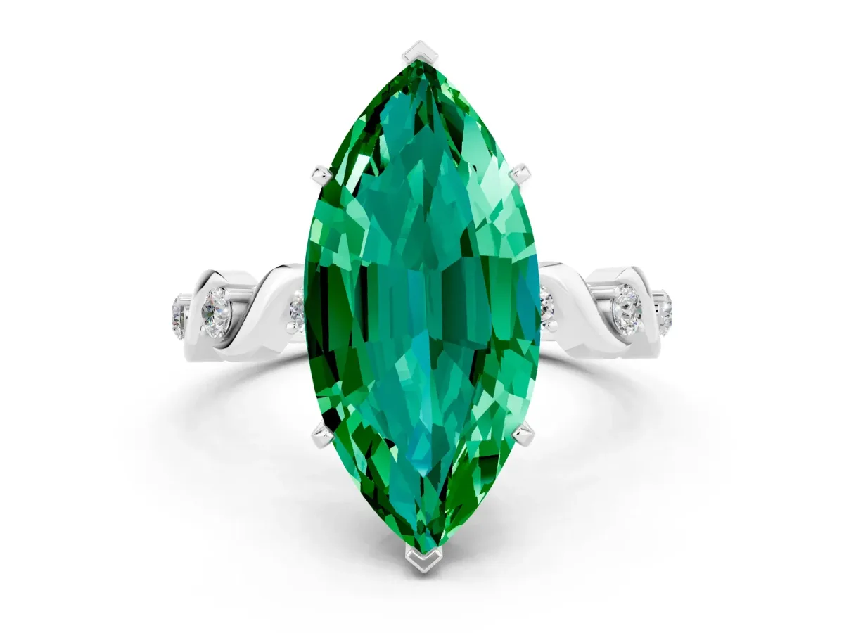 Marquise Cut Emerald Solitaire Twisted Band with Round Accents and Prong Setting Silver