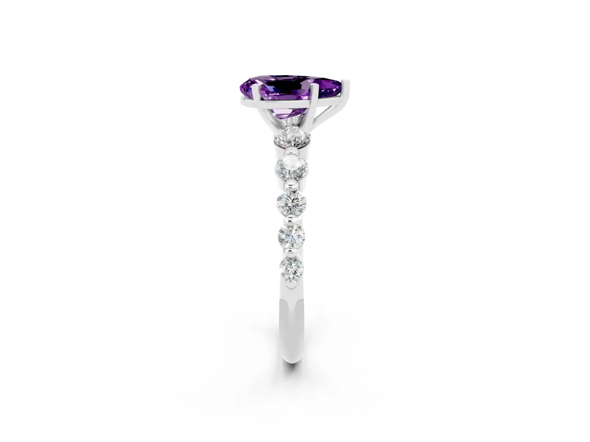 Pear Cut Solitaire Amethyst Ring with Pave Band and Four-Prong Setting Silver