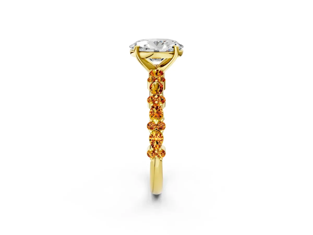 Oval Cut Diamond Side Stone Solitaire Ring with Round Citrine and Four-Prong Setting Yellow gold