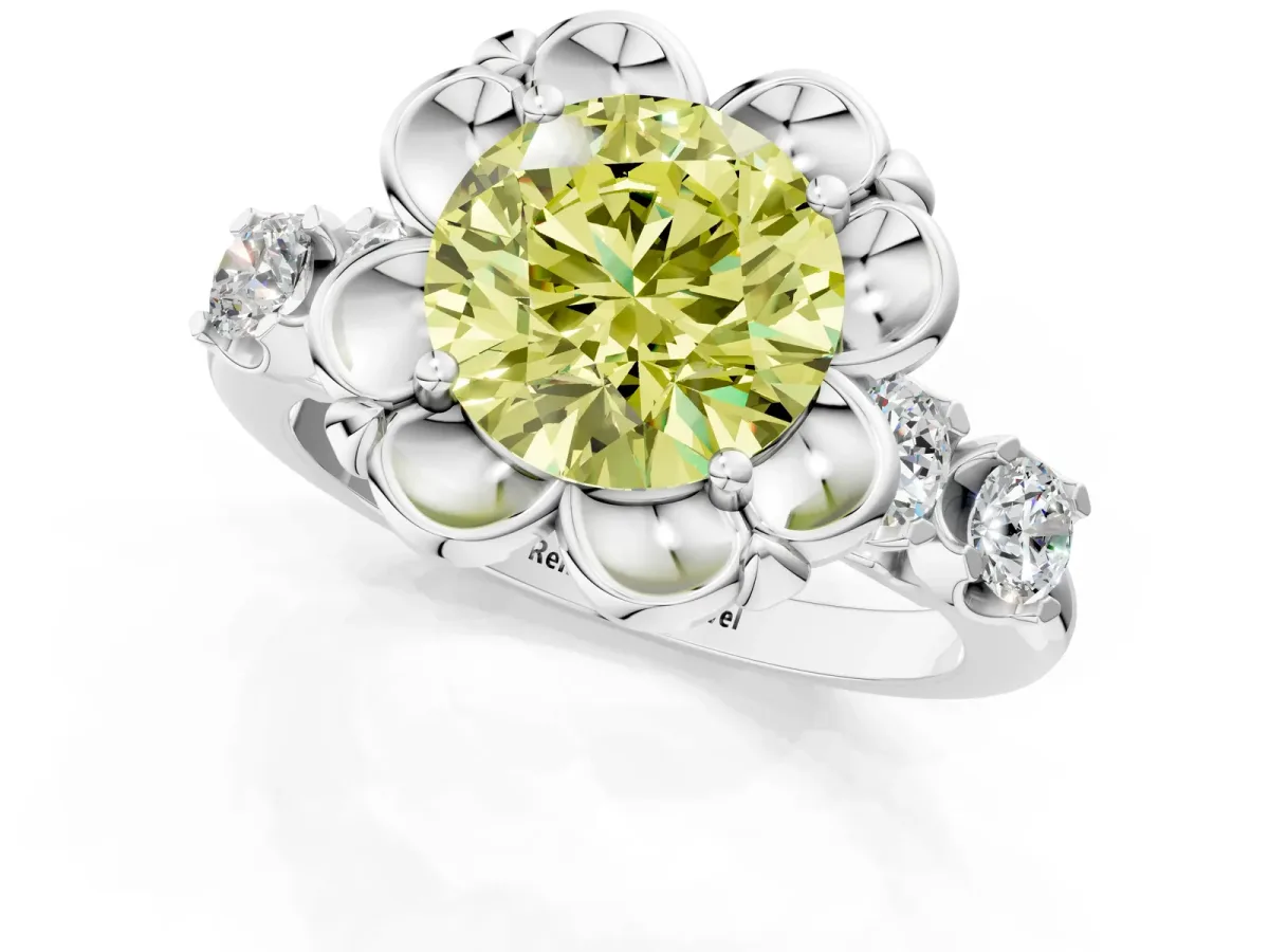 Fancy Yellow Round Cut Cut Diamond Floral Halo Engagement Ring with Shared Prong Setting Silver