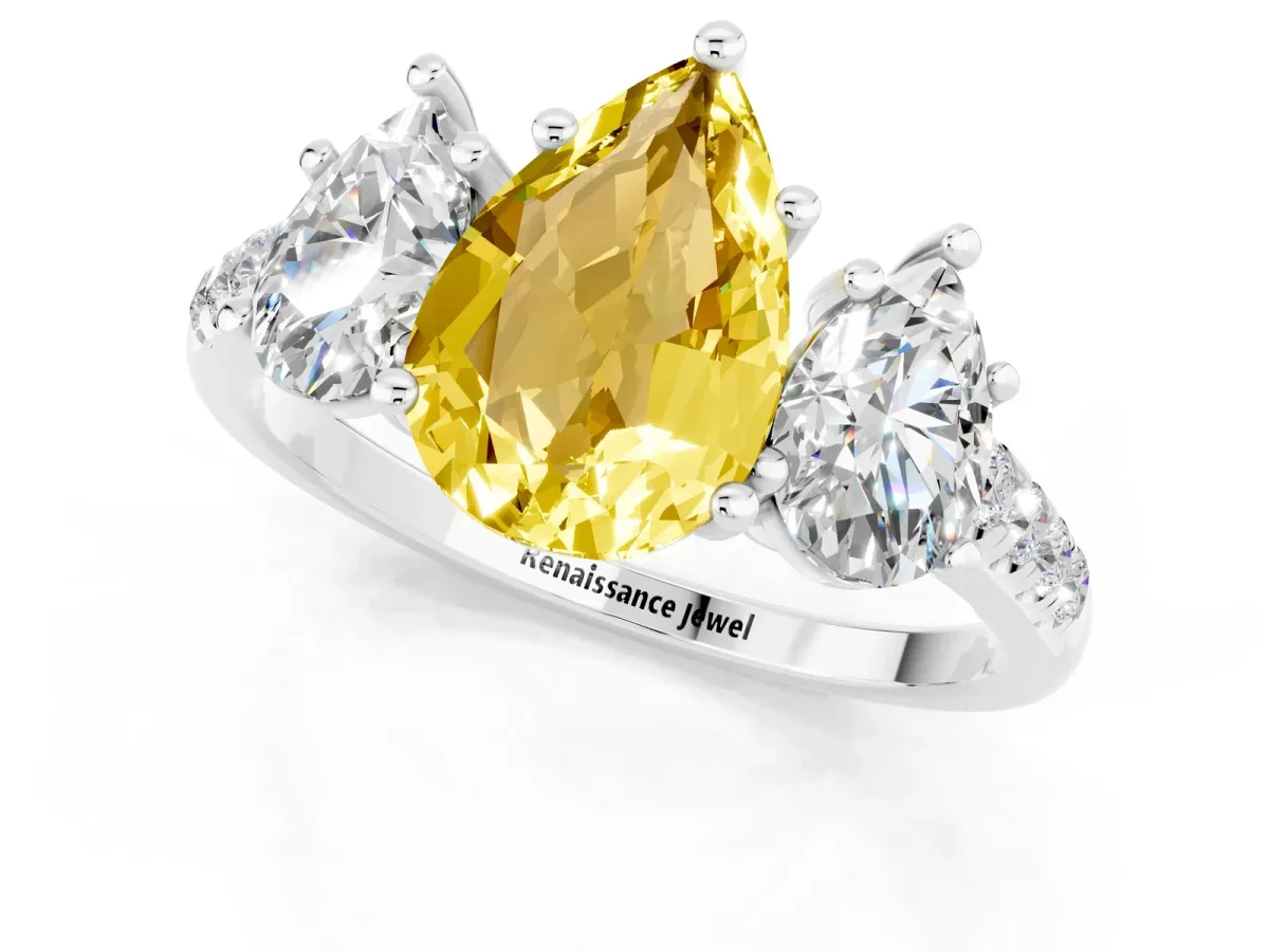 Three-Stone Pear Cut Yellow Sapphire Ring with Round Pavé Band and Prong Setting Silver