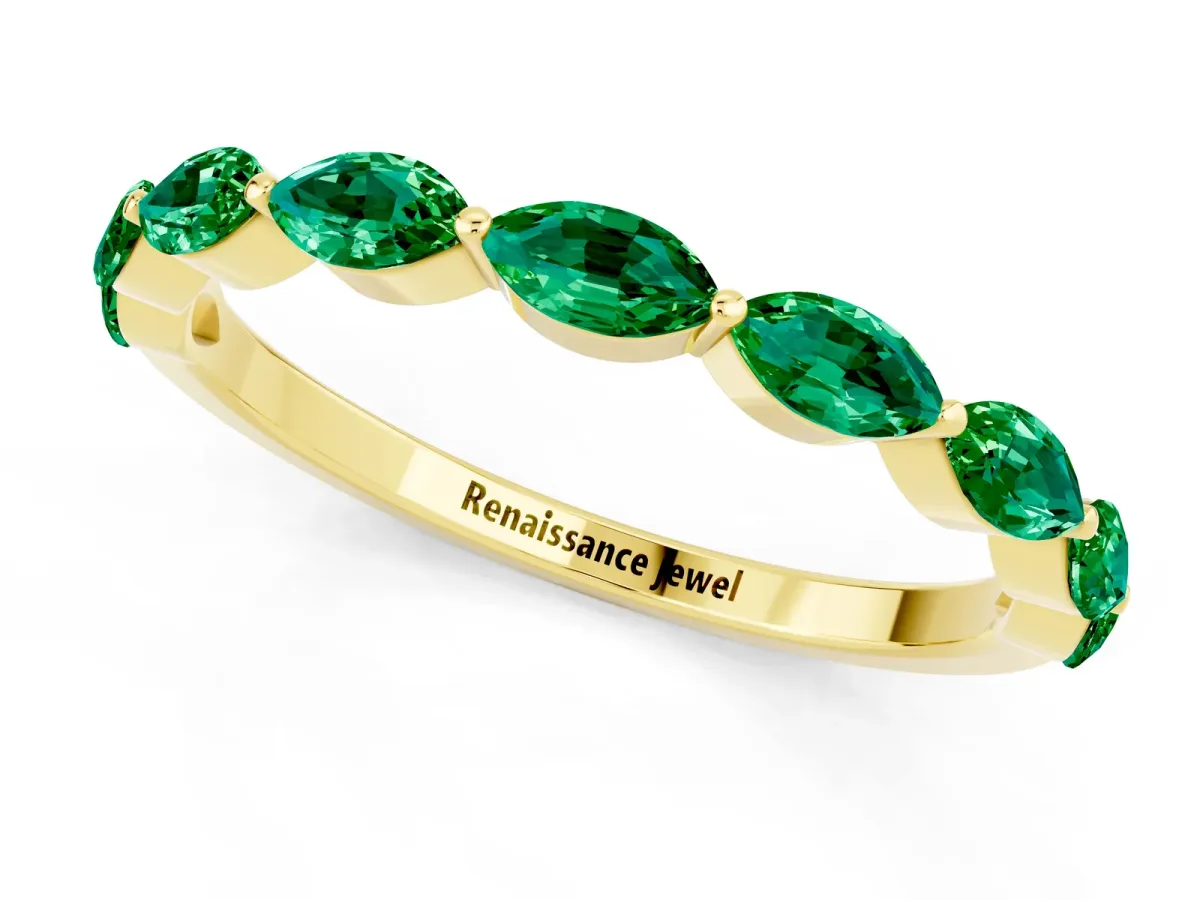 Marquise Emerald Half Eternity Band with Prong Setting Yellow gold