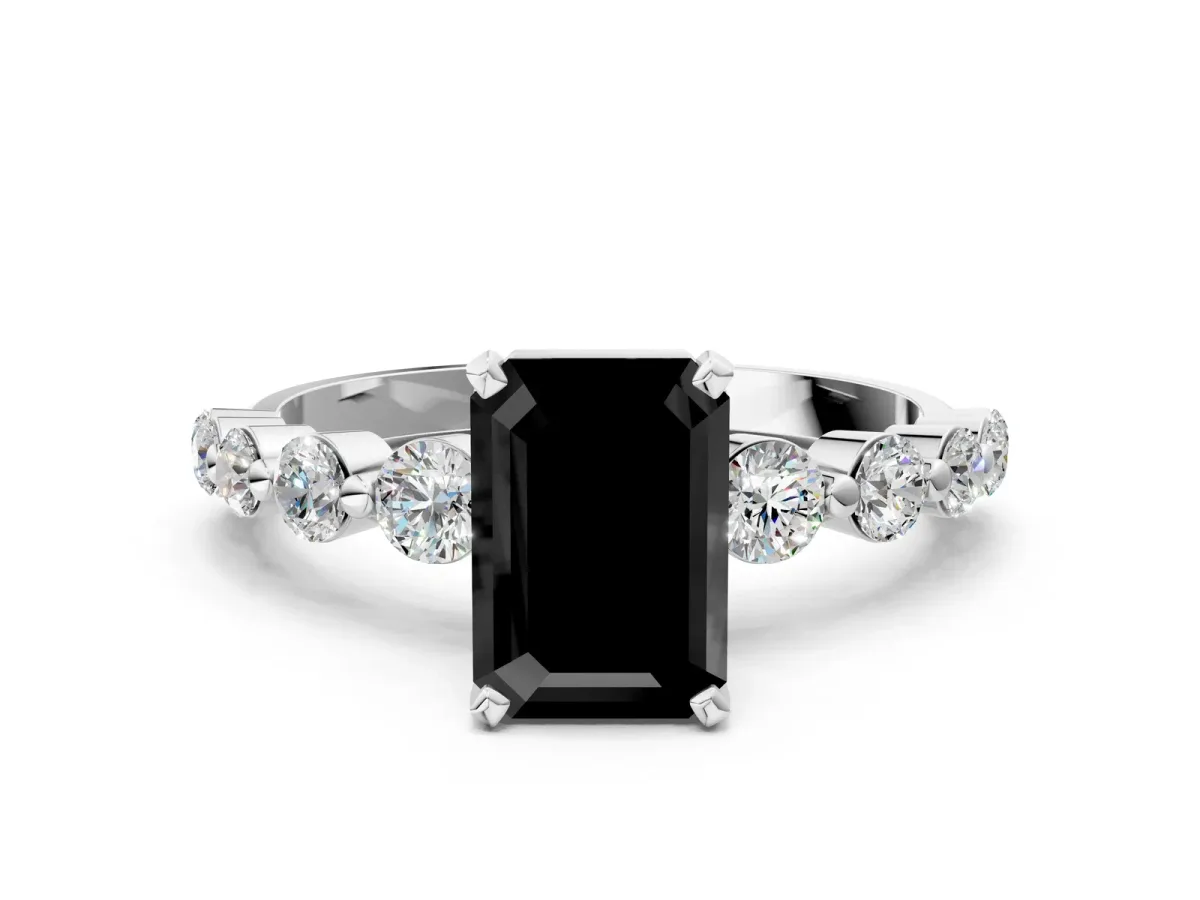 Fancy Black Emerald Cut Solitaire Diamond Ring with Pave Band and Four-Prong Setting Platinum