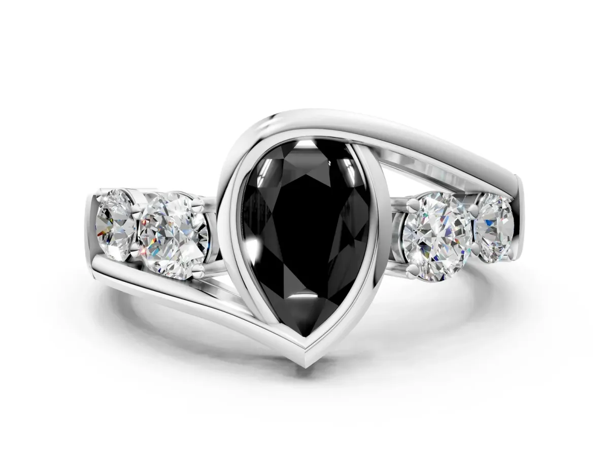 Fancy Black Bezel Set Pear Cut Diamond Bypass Ring with Round Accents Silver