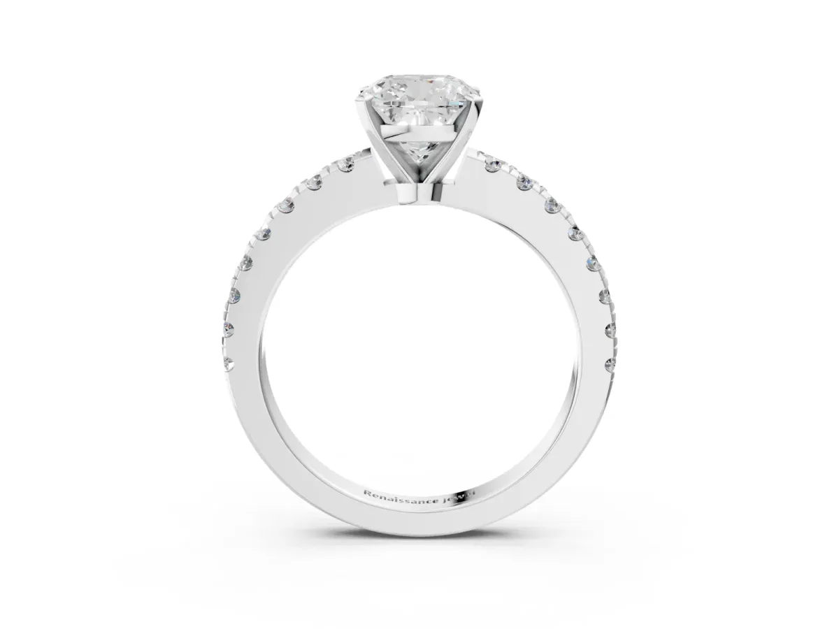 Cushion Cut Solitaire Diamond with Pavé Band and Four-Prong Setting Silver