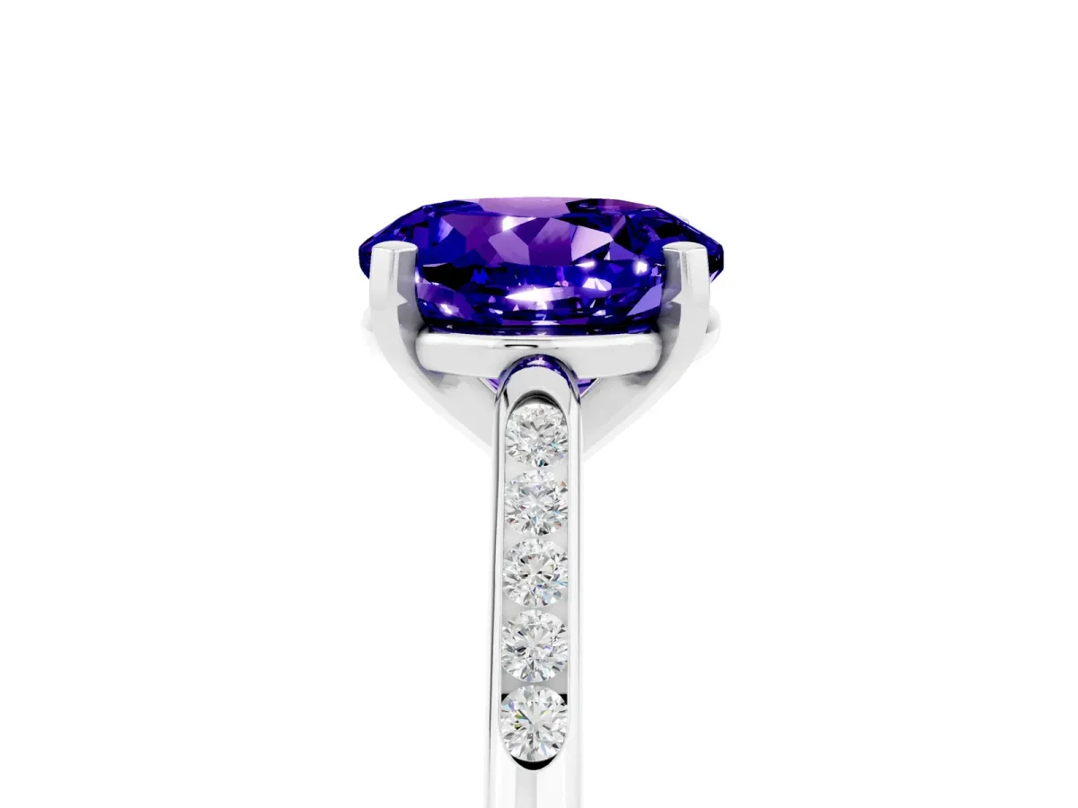 Round Cut Tanzanite Solitaire Ring with Channel Set Round Band and Prong Setting Platinum