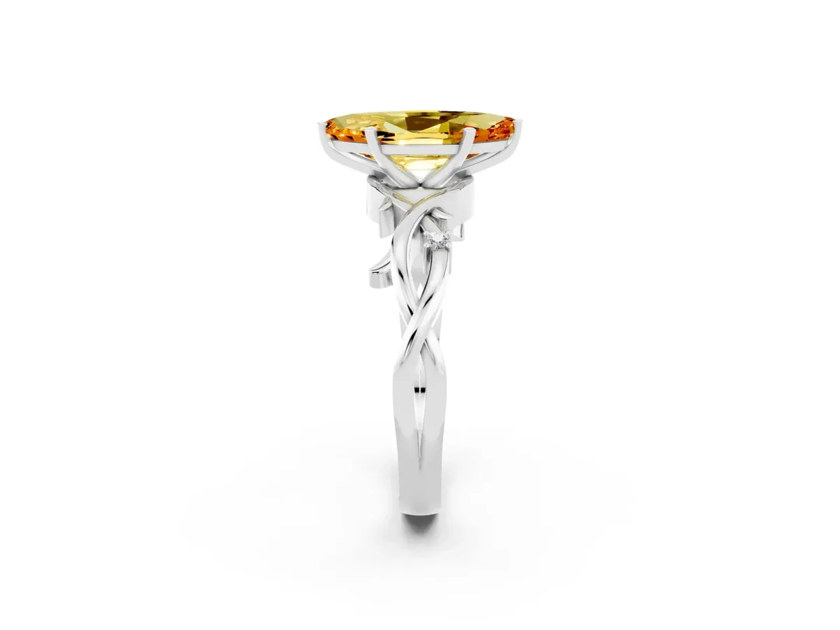 Marquise Cut Citrine Solitaire Ring with Milgrain Pavé Band and Four-Prong Setting Silver