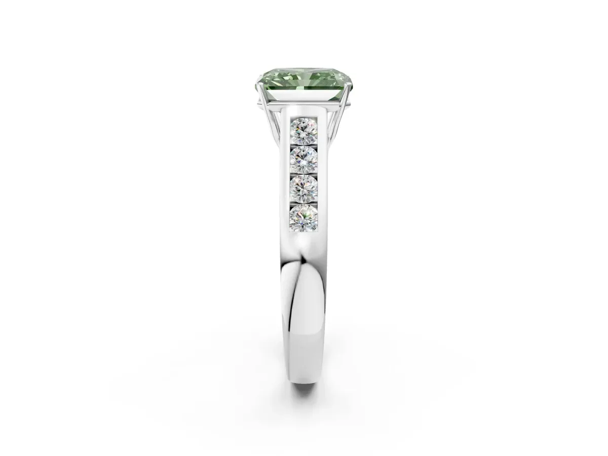 Fancy Green Radiant Cut Solitaire Channel-Set Diamond Engagement Ring with Four-Prong Setting Platinum