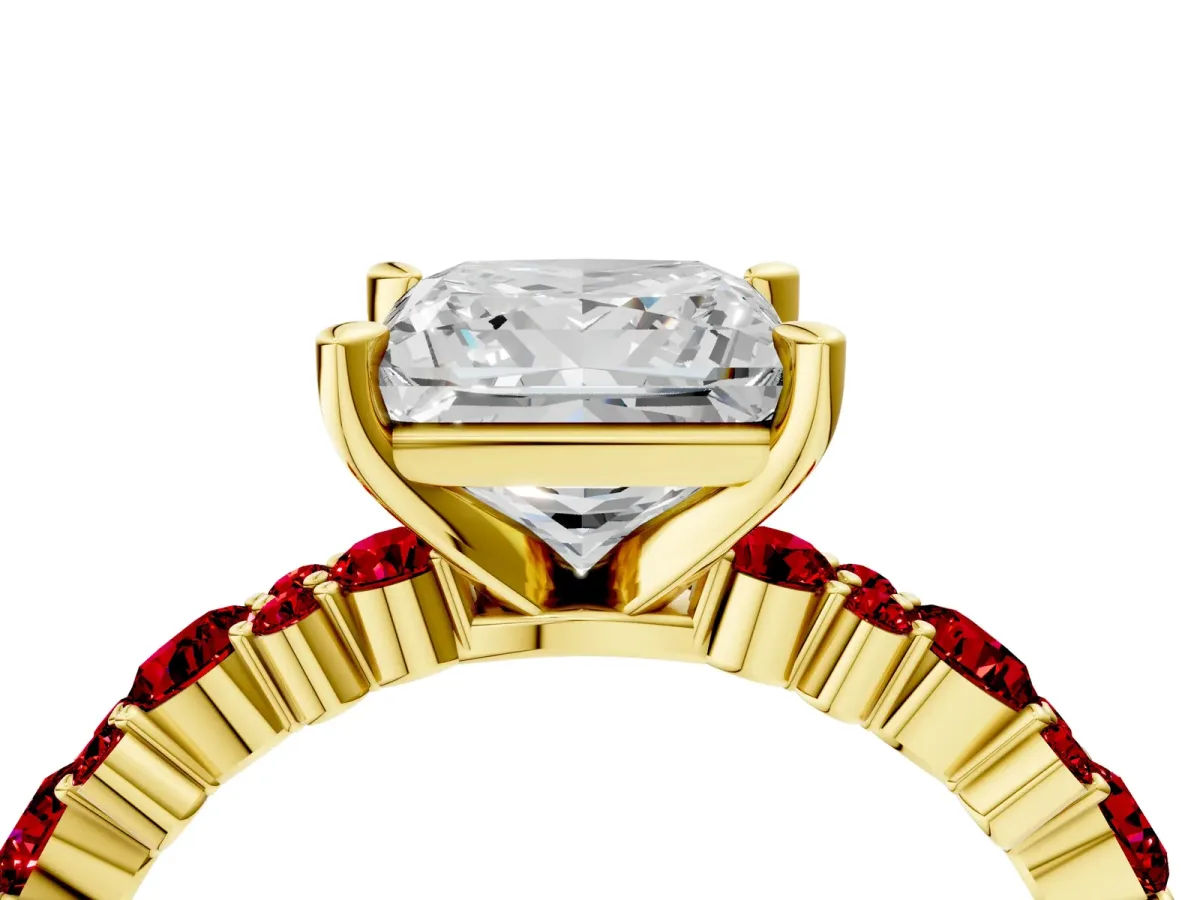 Princess Cut Diamond Side Stone Solitaire Ring with Round Ruby and Four-Prong Setting Yellow gold