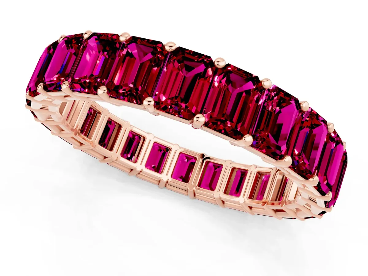 Emerald Cut Garnet Eternity Band with Shared Prong Setting Rose gold